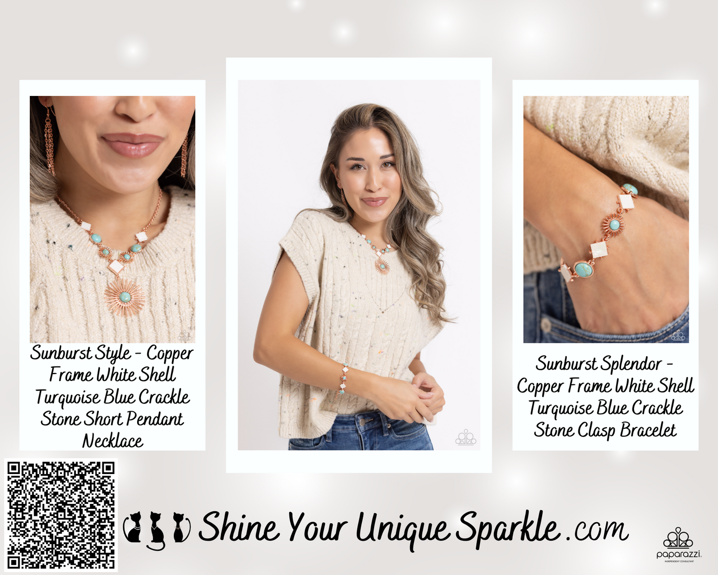PERFECT MATCH / SET: Sunburst Style - Copper Frame White Shell Turquoise Blue Crackle Stone Short Pendant Necklace AND Sunburst Splendor - Copper Frame White Shell Turquoise Blue Crackle Stone Clasp Bracelet