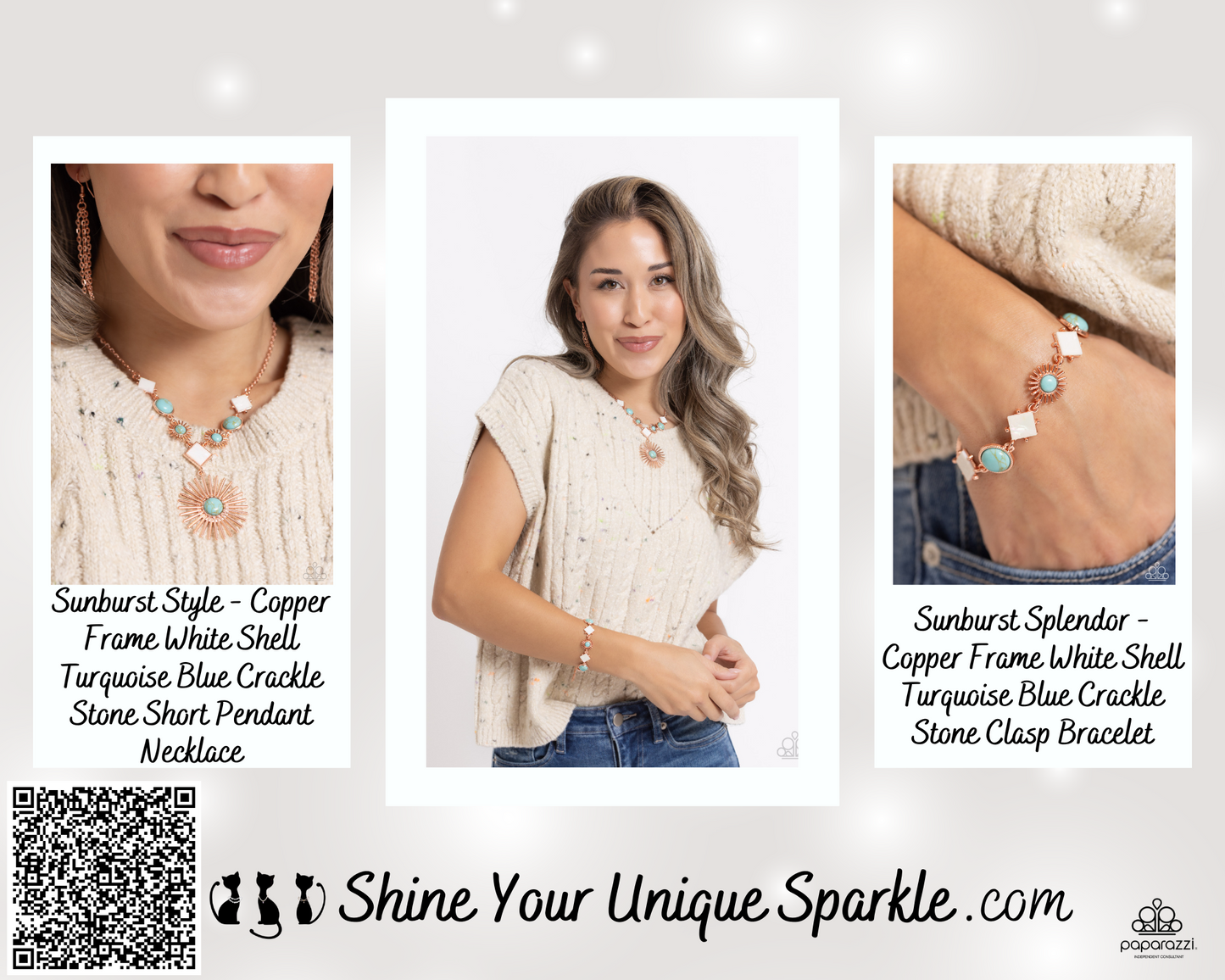 Sunburst Splendor - Copper Frame White Shell Turquoise Blue Crackle Stone Clasp Bracelet
