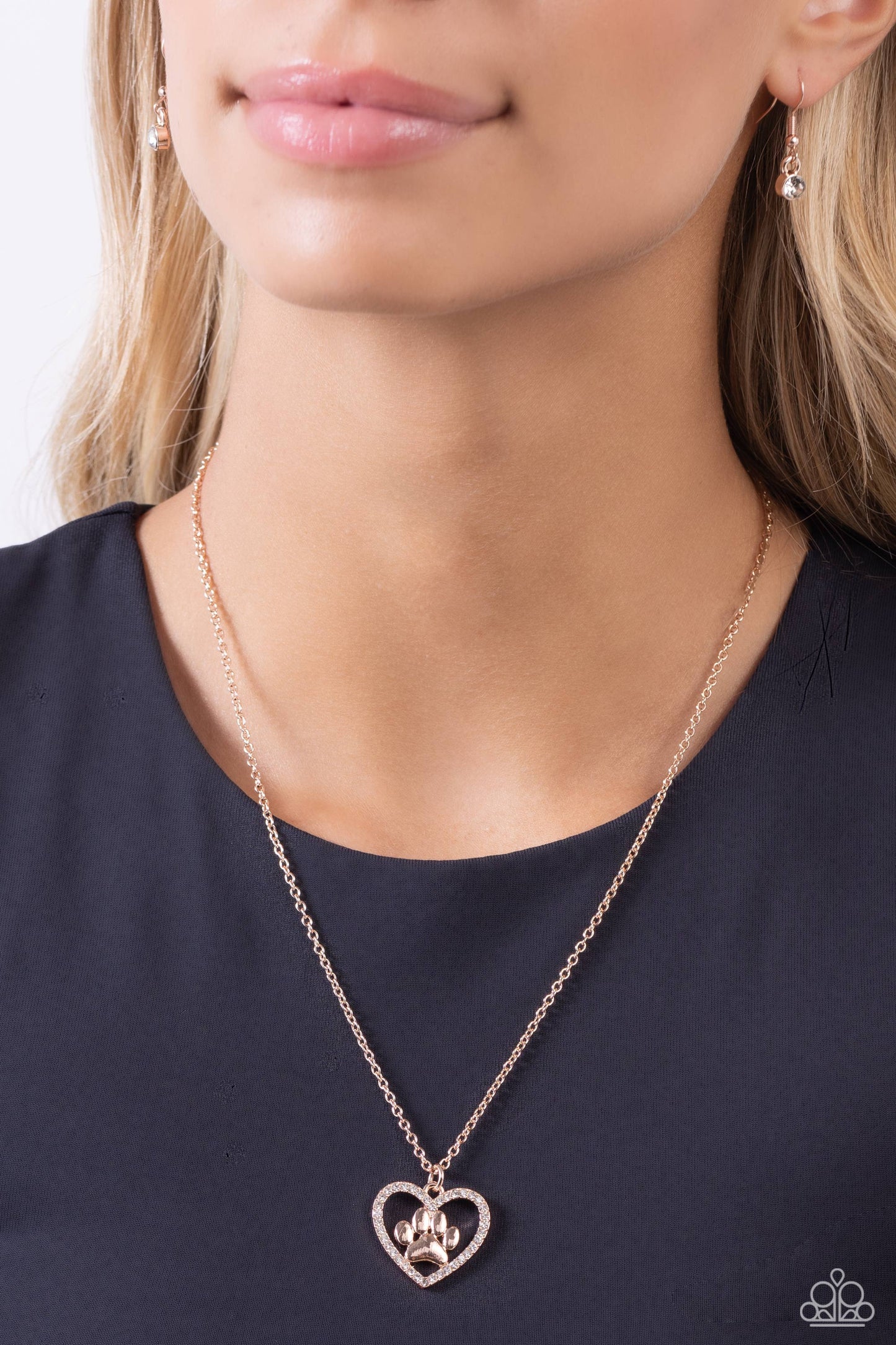 PET in Motion - Rose Gold Dog Cat Paw Heart Rose Gold Short Necklace