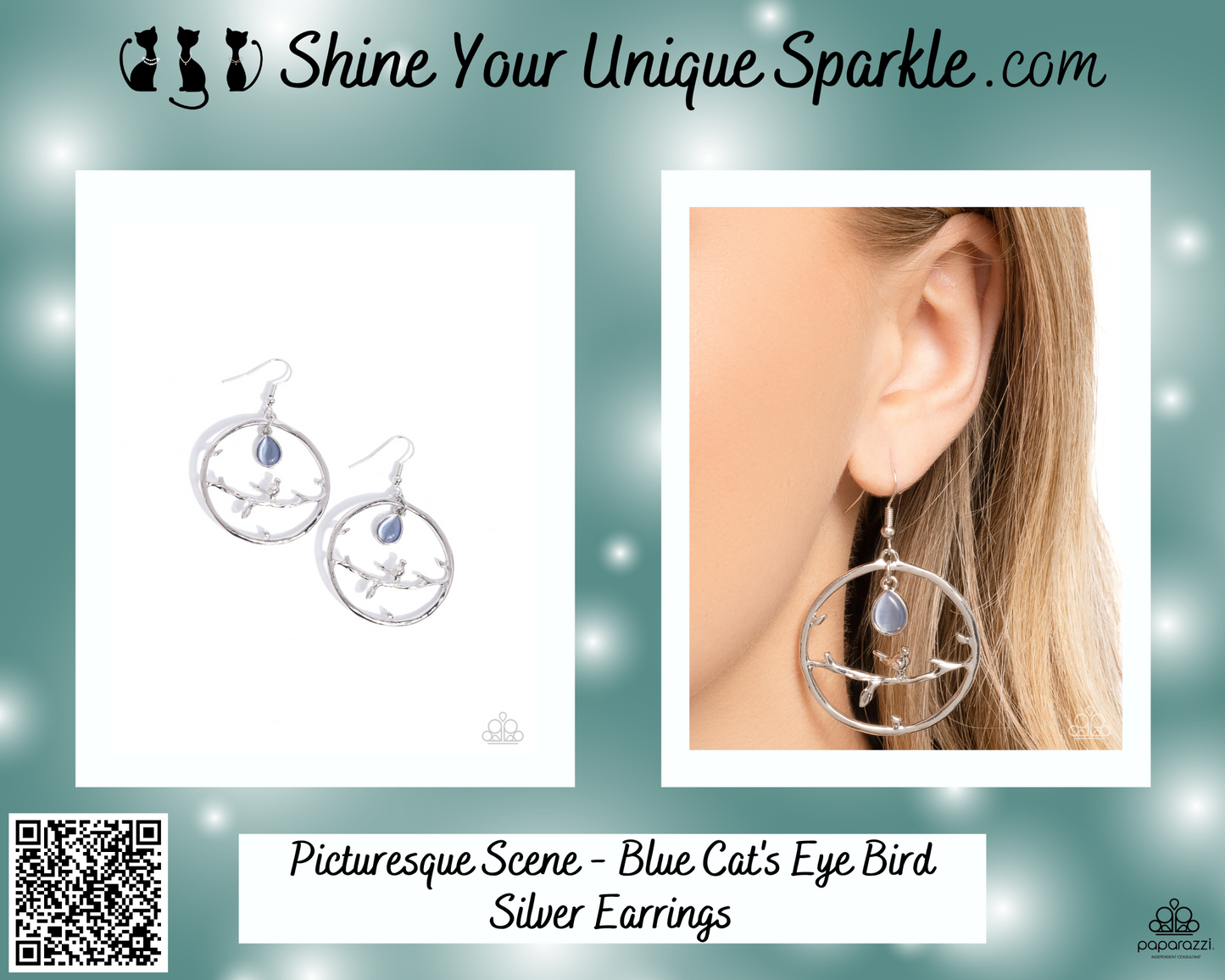 Picturesque Scene - Blue Cat's Eye Bird Silver Earrings