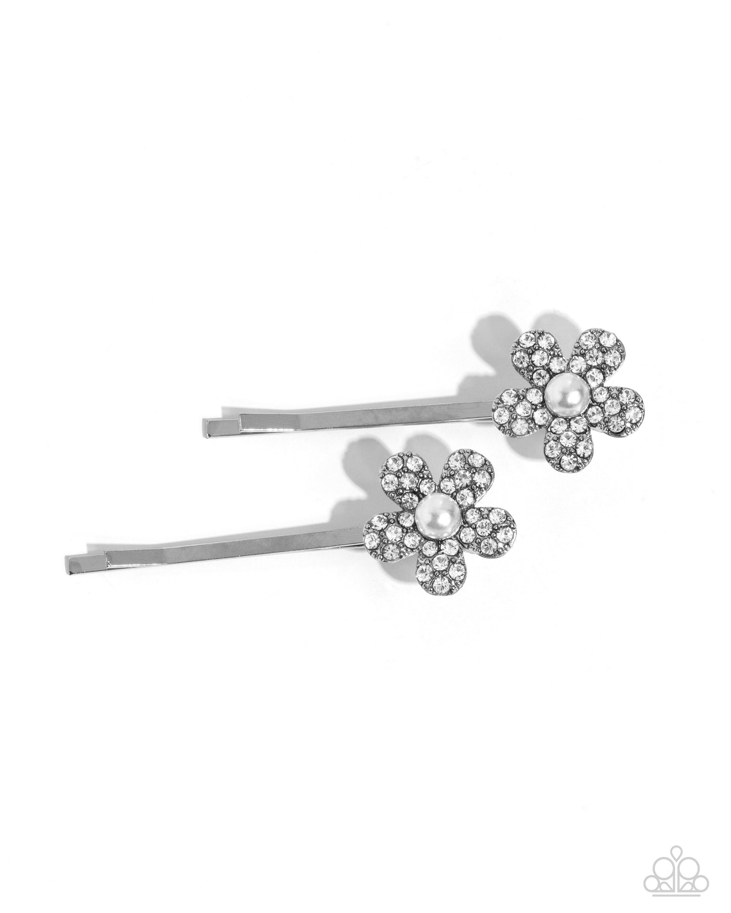 Playfully Perennial - White Rhinestone White Pearl Silver Flower Hair Clips