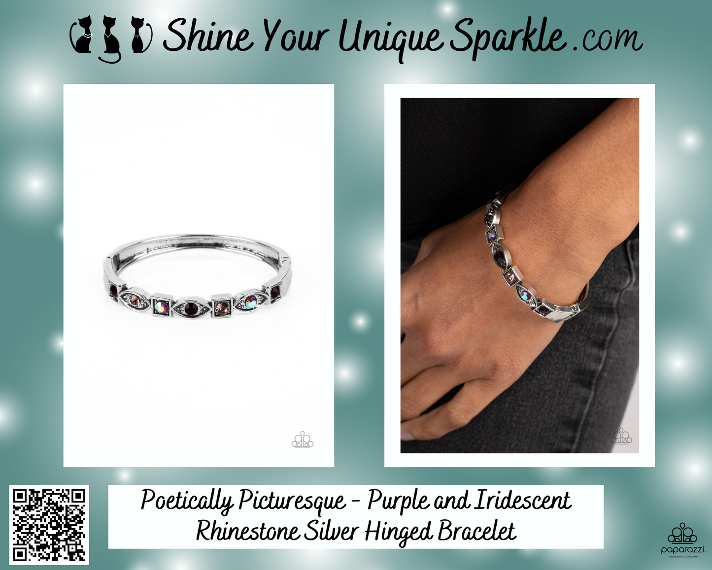 Poetically Picturesque - Purple and Iridescent Rhinestone Silver Hinged Bracelet