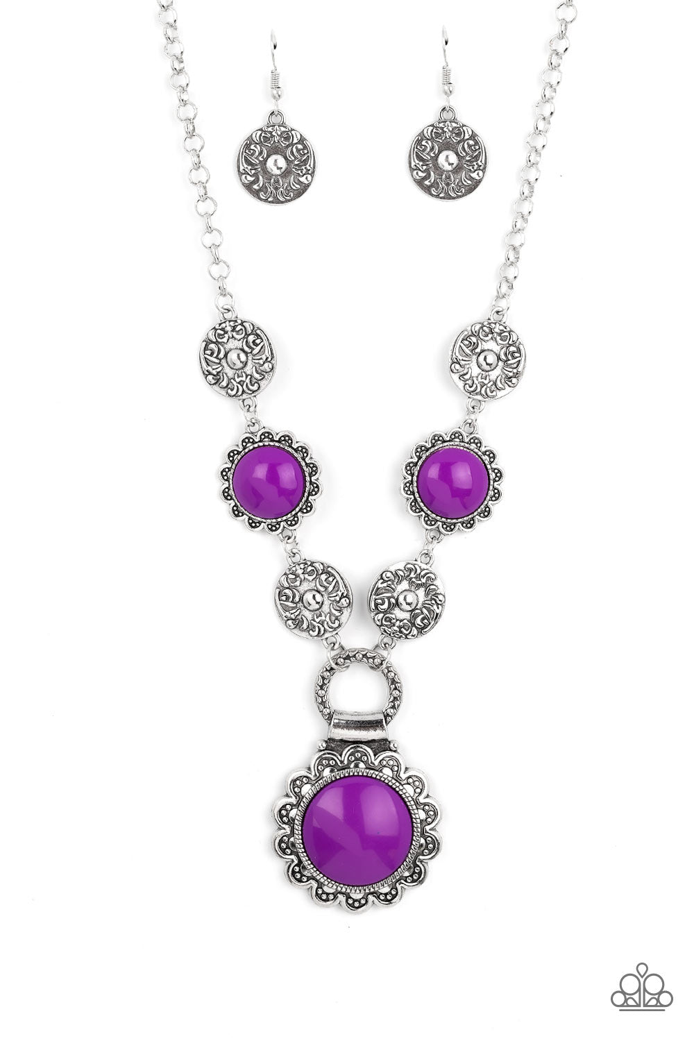 Poppy Persuasion - Purple Bead Silver Floral Short Neckace