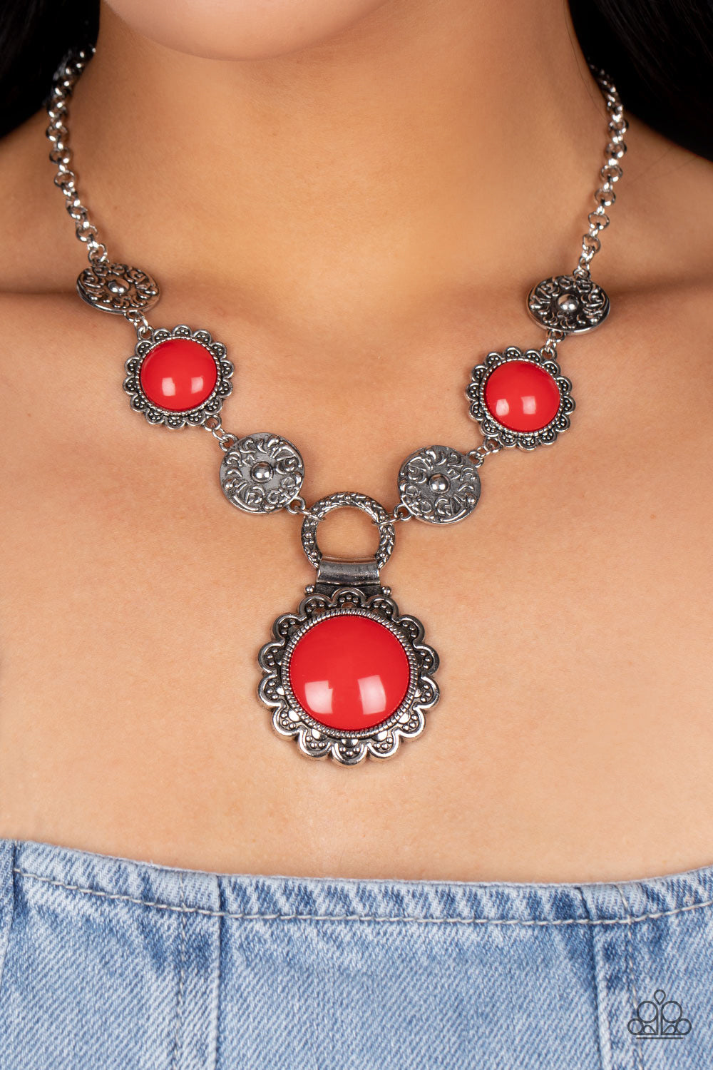 PERFECT MATCH / SET: Poppy Persuasion - Red Bead Silver Floral Short Necklace AND Positively Poppy - Red Bead Silver Floral Clasp Bracelet