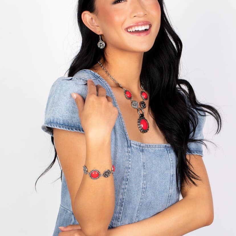 Positively Poppy - Red Bead Silver Floral Clasp Bracelet