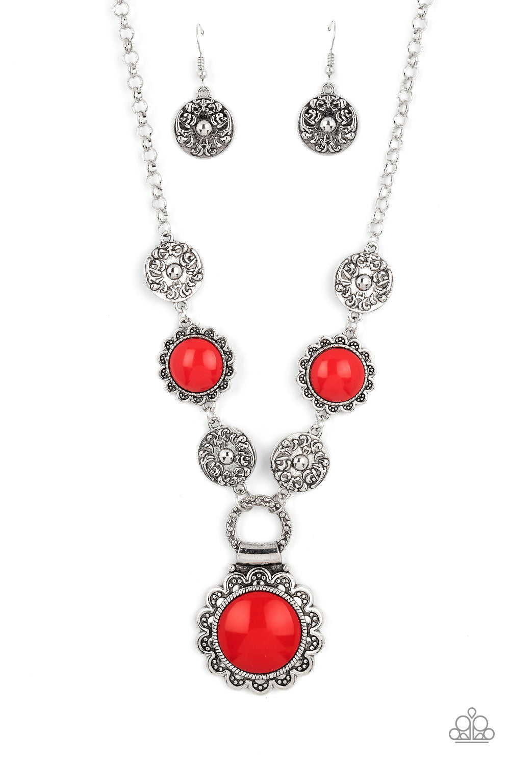 PERFECT MATCH / SET: Poppy Persuasion - Red Bead Silver Floral Short Necklace AND Positively Poppy - Red Bead Silver Floral Clasp Bracelet