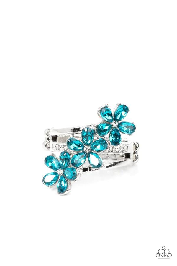 Posh Petals - Blue Rhinestone Triple Flower Silver Ring