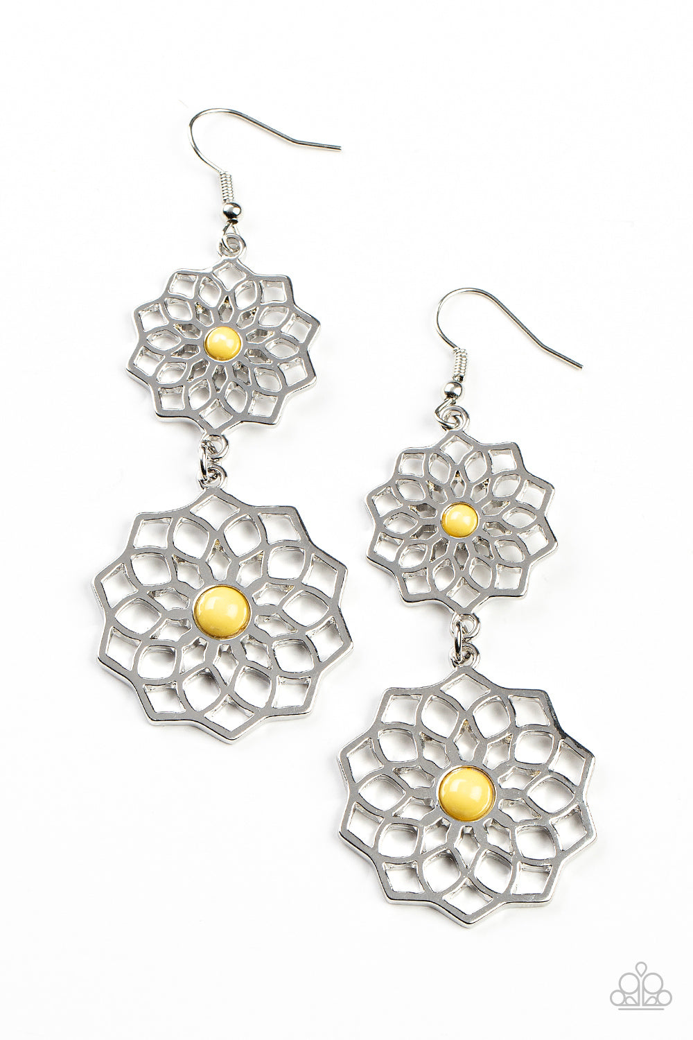 Posh Posy - Yellow Bead Silver Floral Fishhook Earrings