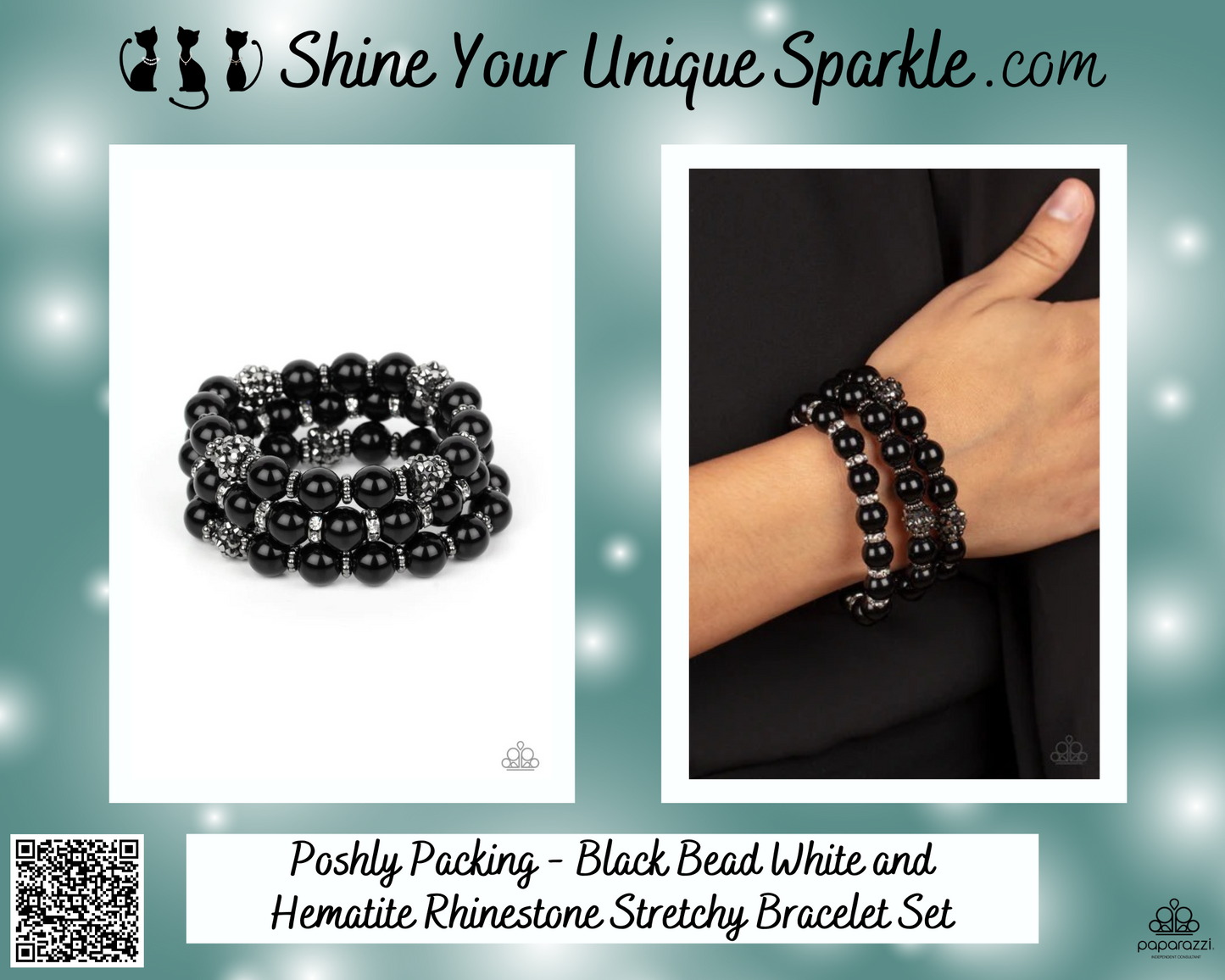 Poshly Packing - Black Bead White and Hematite Rhinestone Stretchy Bracelet Set