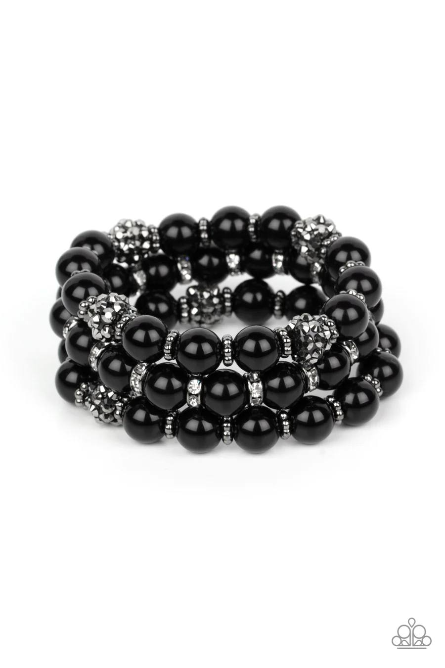 Poshly Packing - Black Bead White and Hematite Rhinestone Stretchy Bracelet Set