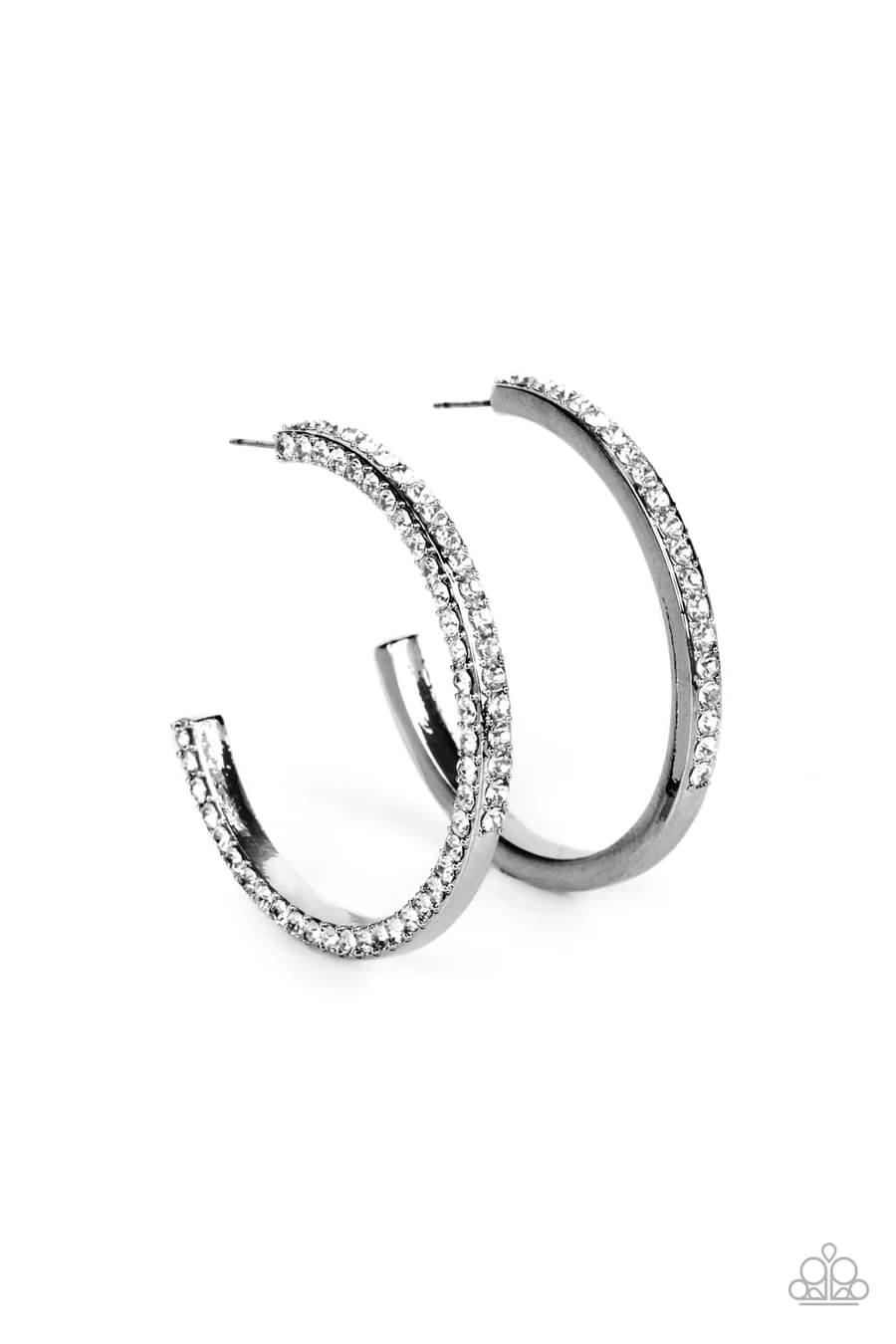 Powerhouse Precision - Black Gunmetal White Rhinestone Hoop Post Earrings