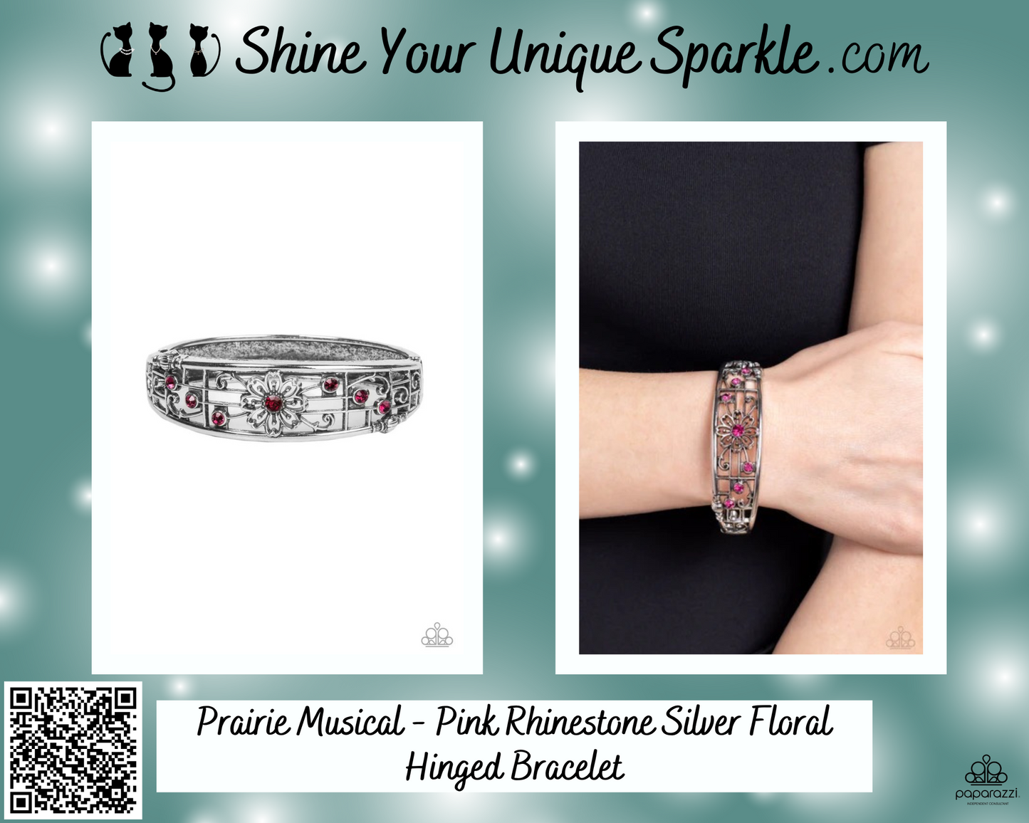 Prairie Musical - Pink Rhinestone Silver Floral Hinged Bracelet