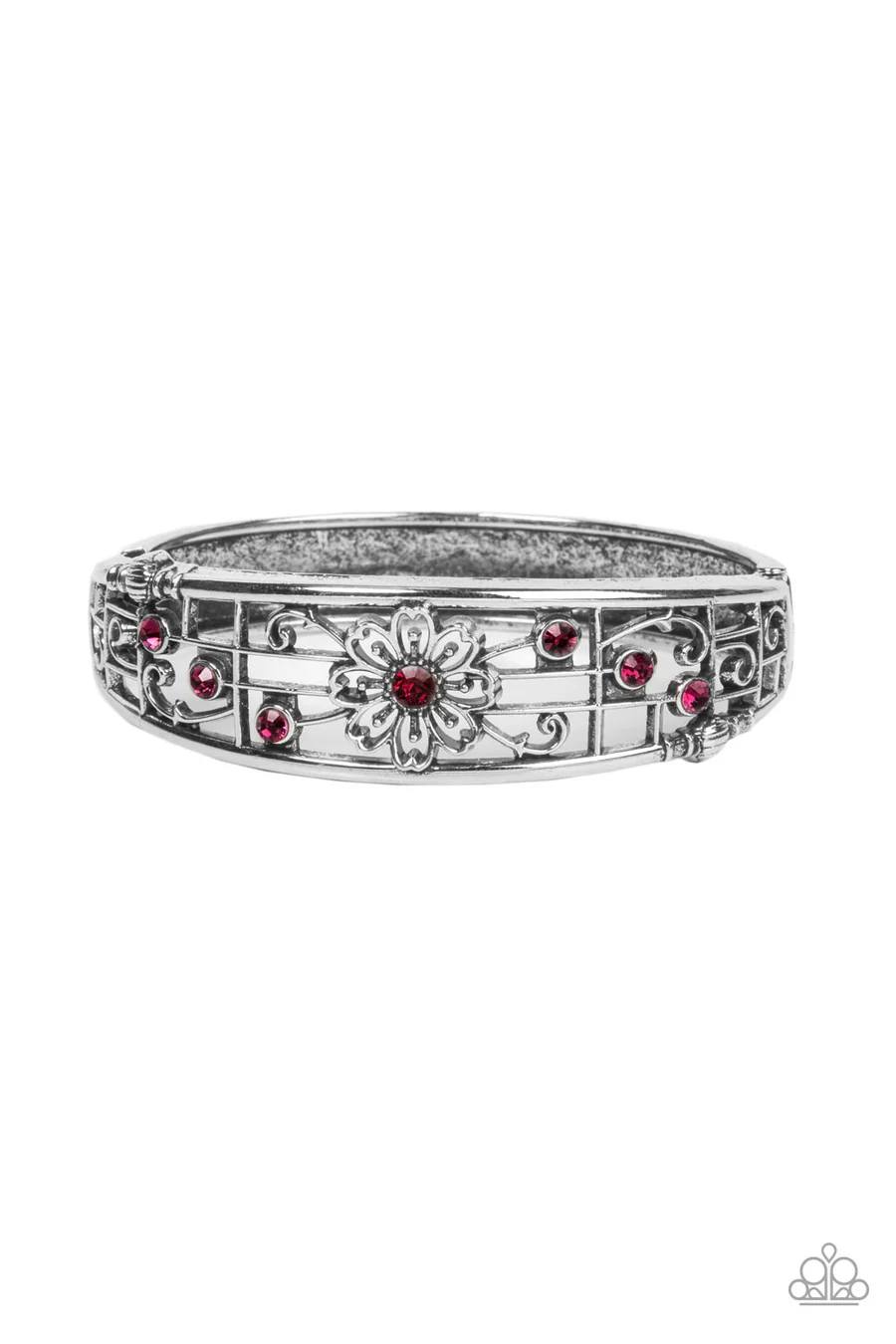 Prairie Musical - Pink Rhinestone Silver Floral Hinged Bracelet