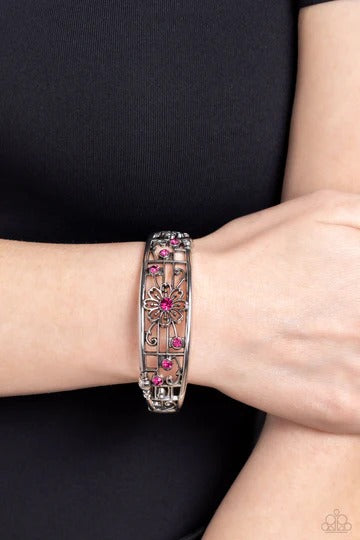 Prairie Musical - Pink Rhinestone Silver Floral Hinged Bracelet