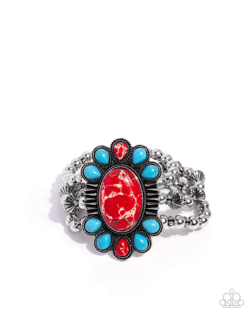 Prairie Protection - Red Crackle and Turquoise Stone Silver Bead Stretchy Bracelet