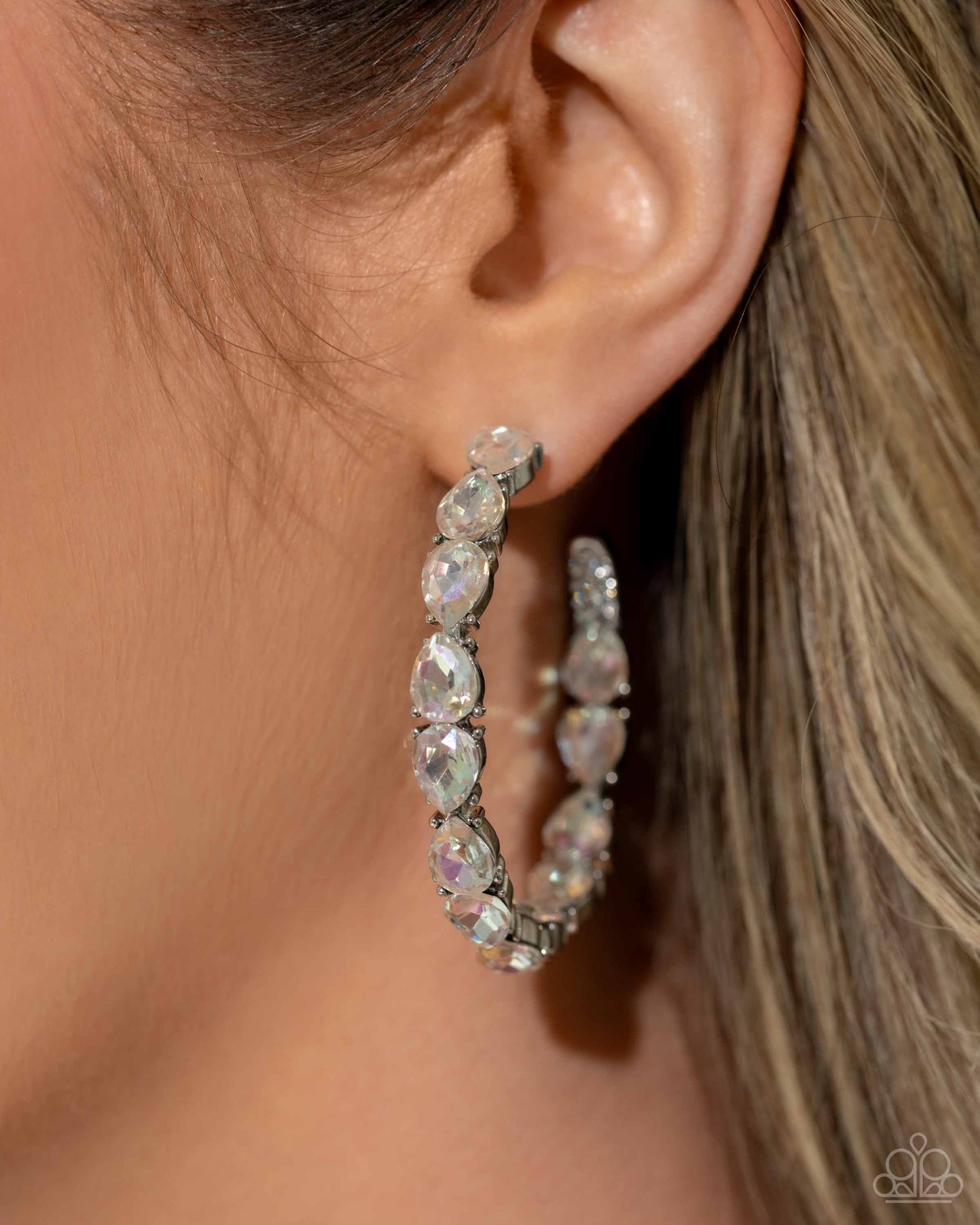 Presidential Pizzazz - White Iridescent Gem Silver Hoop Earrings - Life of the Party Exclusive