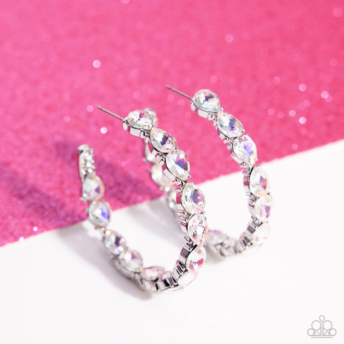 Presidential Pizzazz - White Iridescent Gem Silver Hoop Earrings - Life of the Party Exclusive