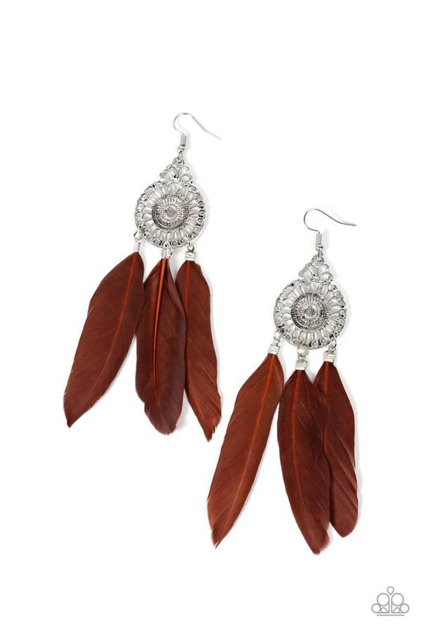 Pretty in PLUMES - Brown Feather Silver Fishhook Earrings