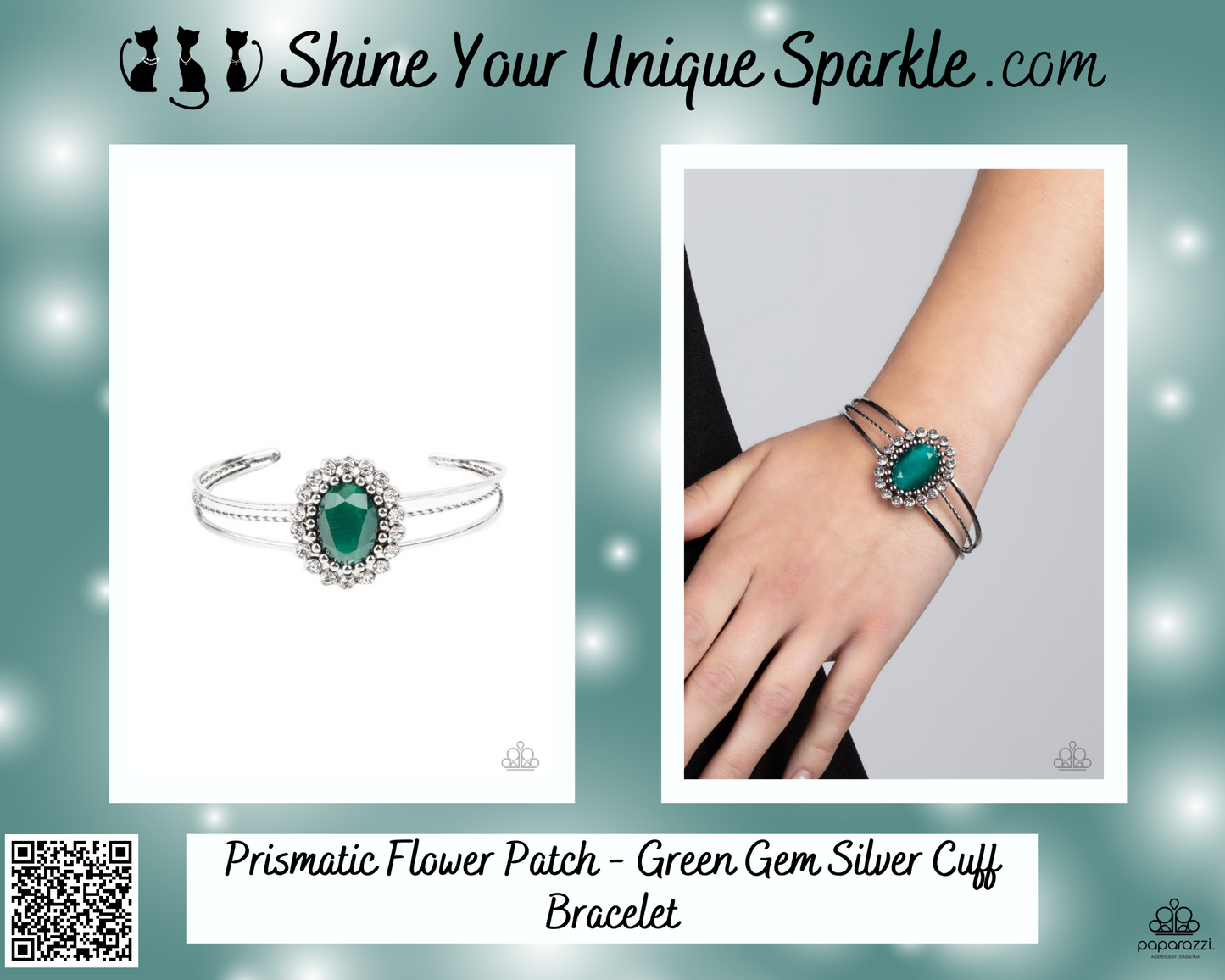 Prismatic Flower Patch - Green Gem Silver Cuff Bracelet