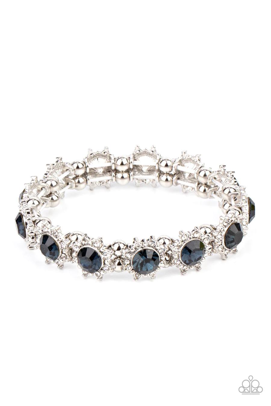 PERFECT MATCH / SET: Blooming Brilliance - Blue and White Rhinestone Silver Necklace AND Prismatic Palace - Blue and White Rhinestone Silver Stretchy Bracelet