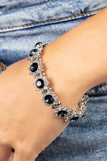 PERFECT MATCH / SET: Blooming Brilliance - Blue and White Rhinestone Silver Necklace AND Prismatic Palace - Blue and White Rhinestone Silver Stretchy Bracelet