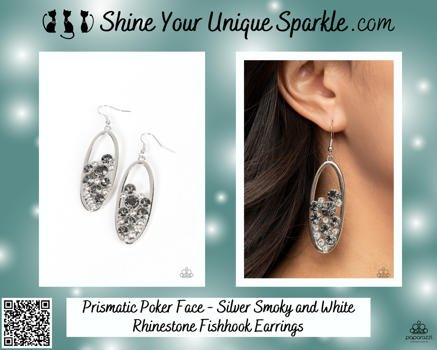 Prismatic Poker Face - Silver Smoky and White Rhinestone Fishhook Earrings