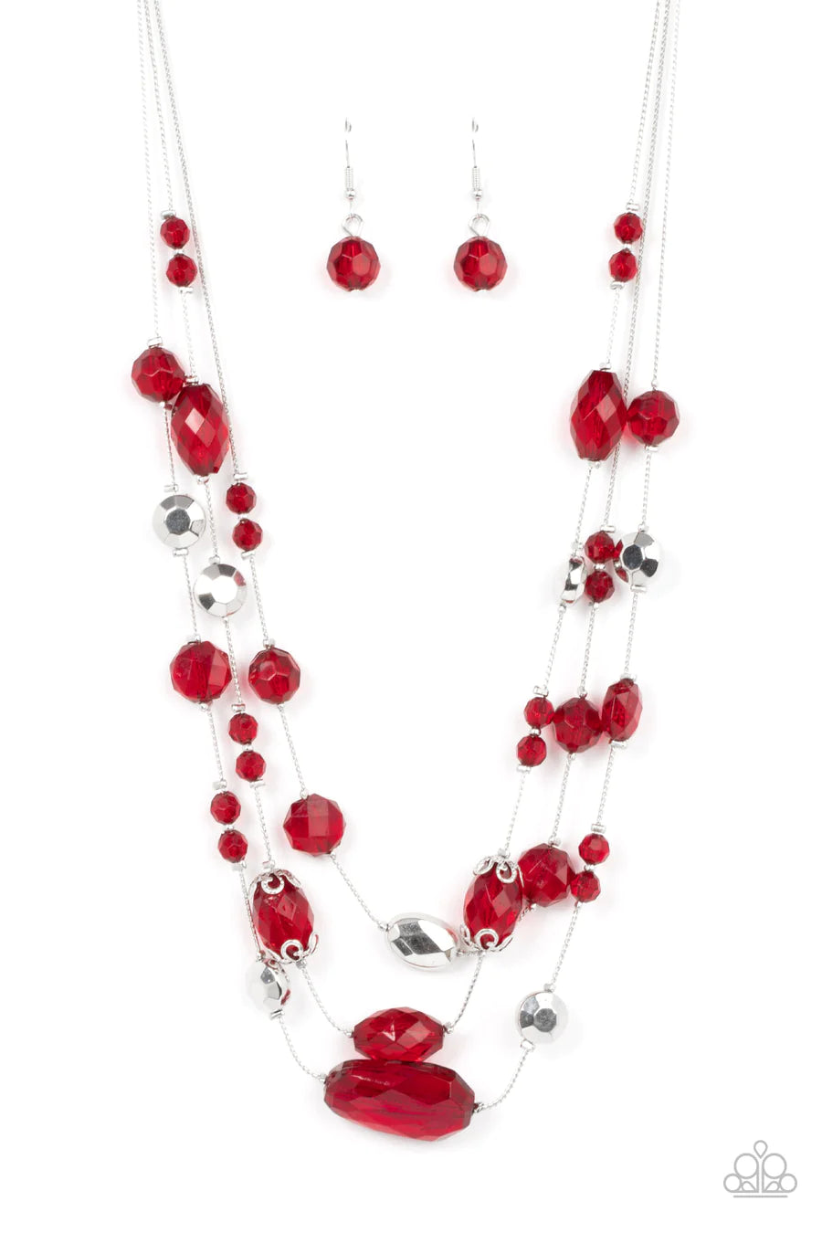 Prismatic Pose - Red Bead Silver Short Layered Necklace