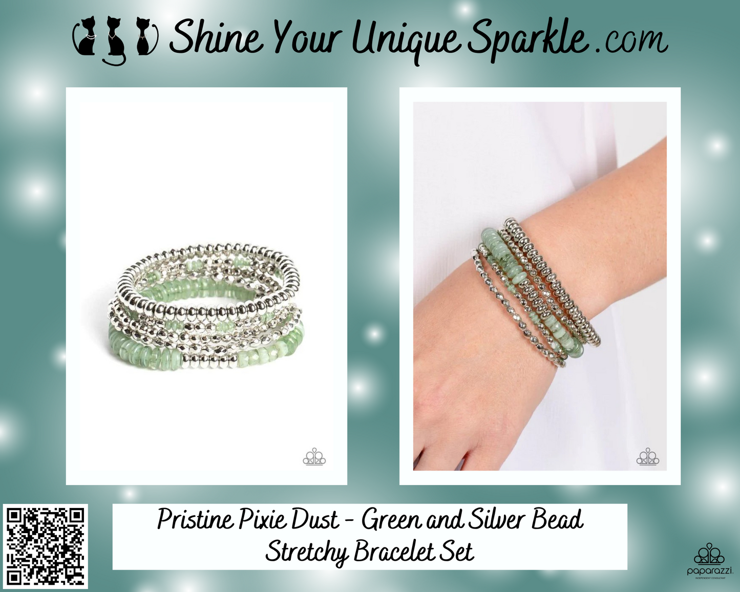 Pristine Pixie Dust - Green and Silver Bead Stretchy Bracelet Set