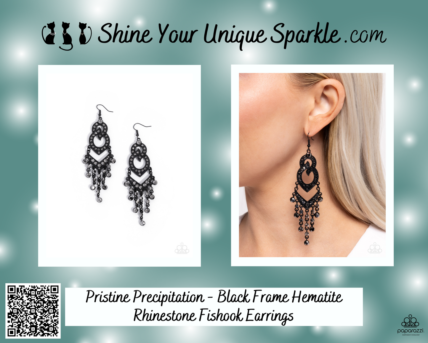 Pristine Precipitation - Black Frame Hematite Rhinestone Fishhook Earrings