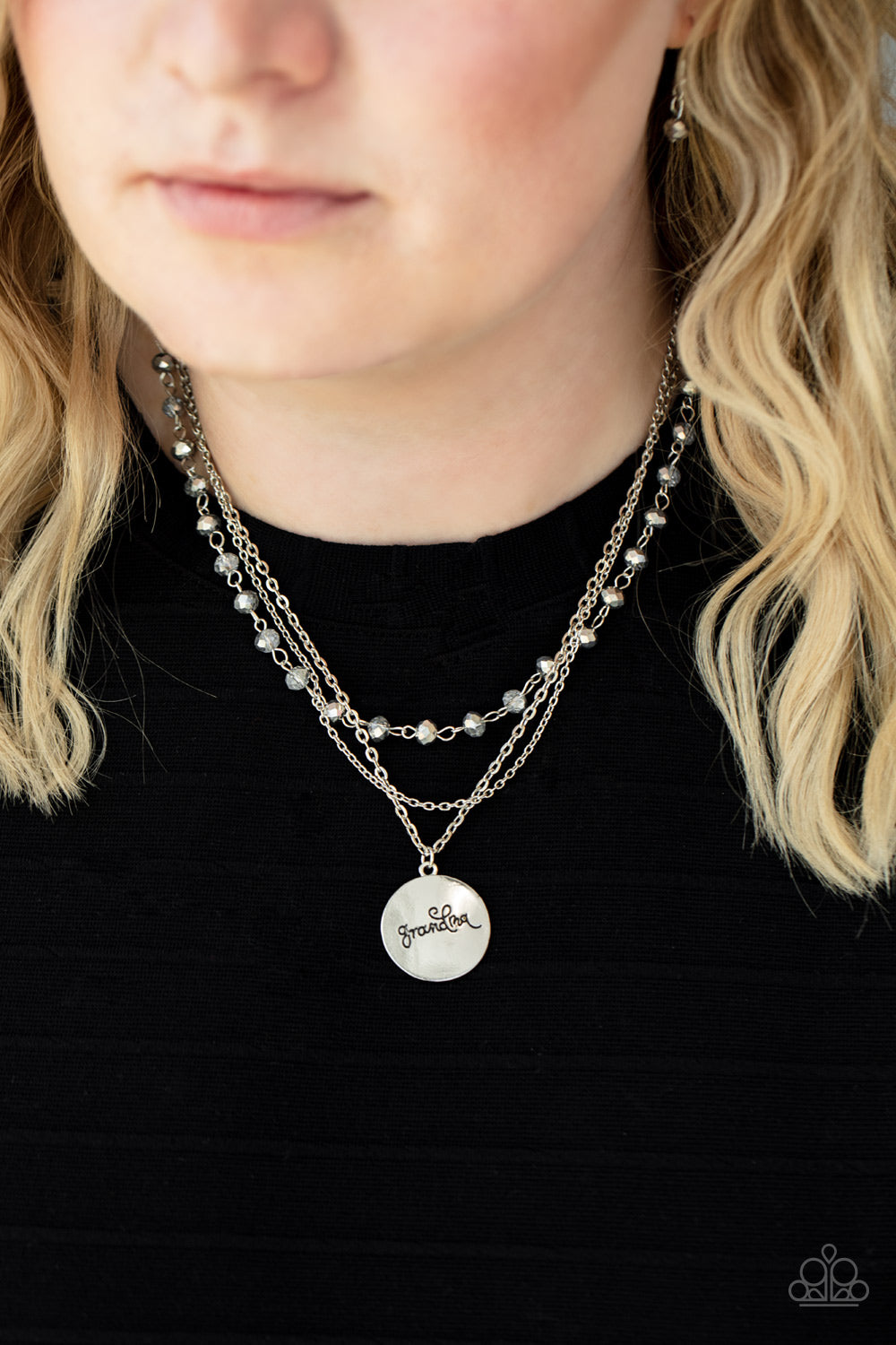 Promoted to Grandma - Silver Metallic Hematite Crystal Layered "Grandma" Short Necklace