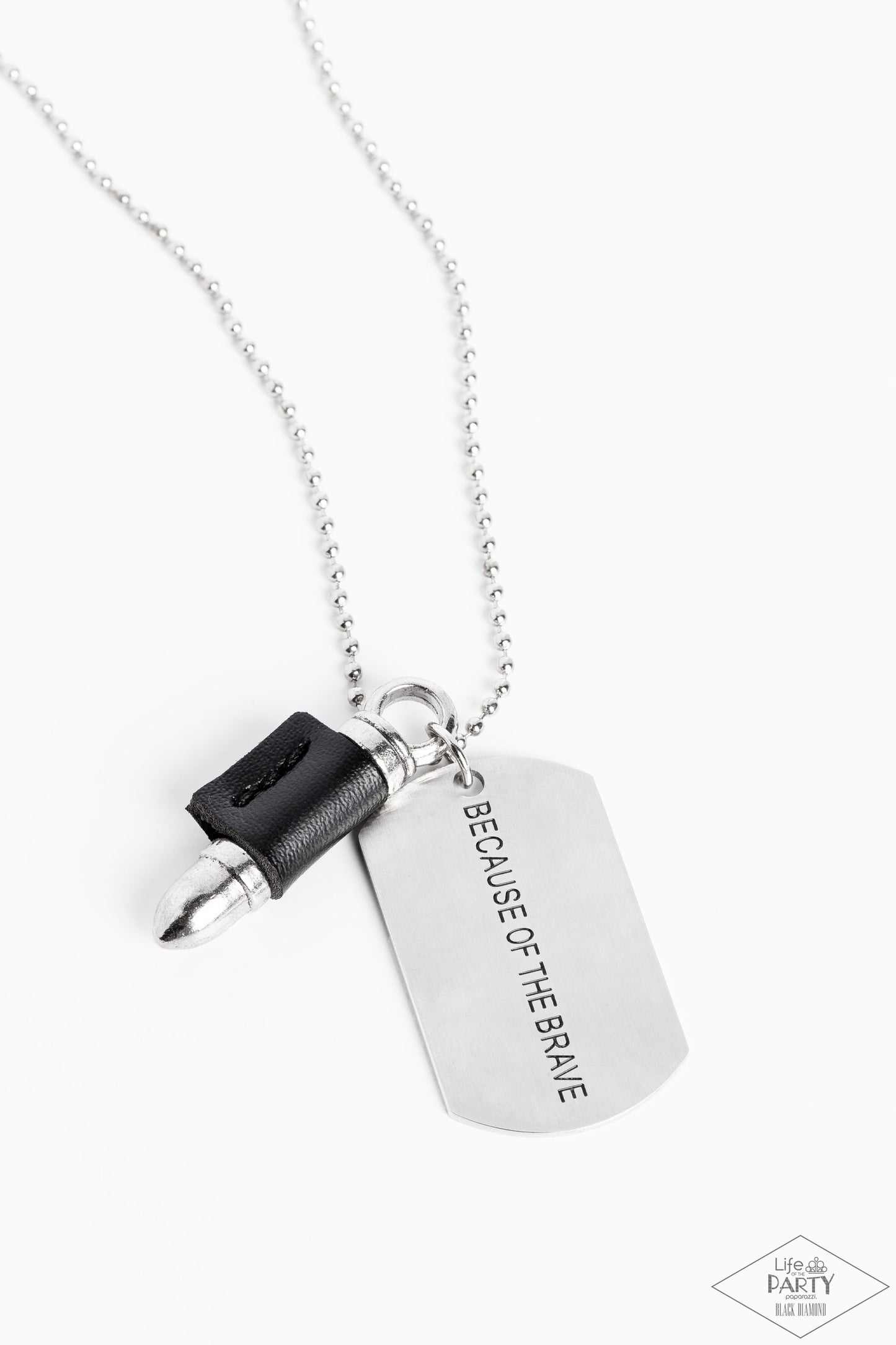 Proud Patriot - Because of the Brave, Black Leather Silver Bullet Dog Tag Medium Length Necklace - Life of the Party