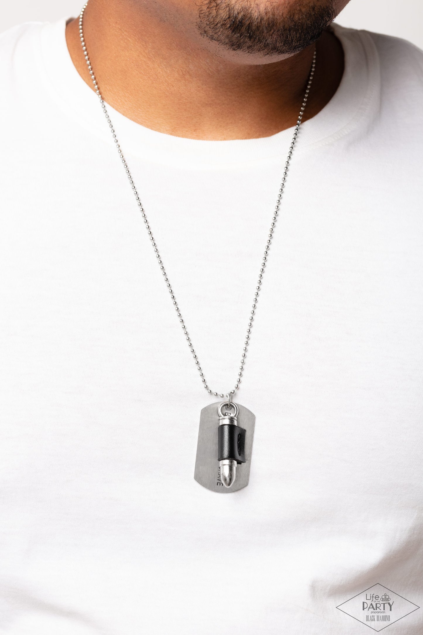 Proud Patriot - Because of the Brave, Black Leather Silver Bullet Dog Tag Medium Length Necklace - Life of the Party