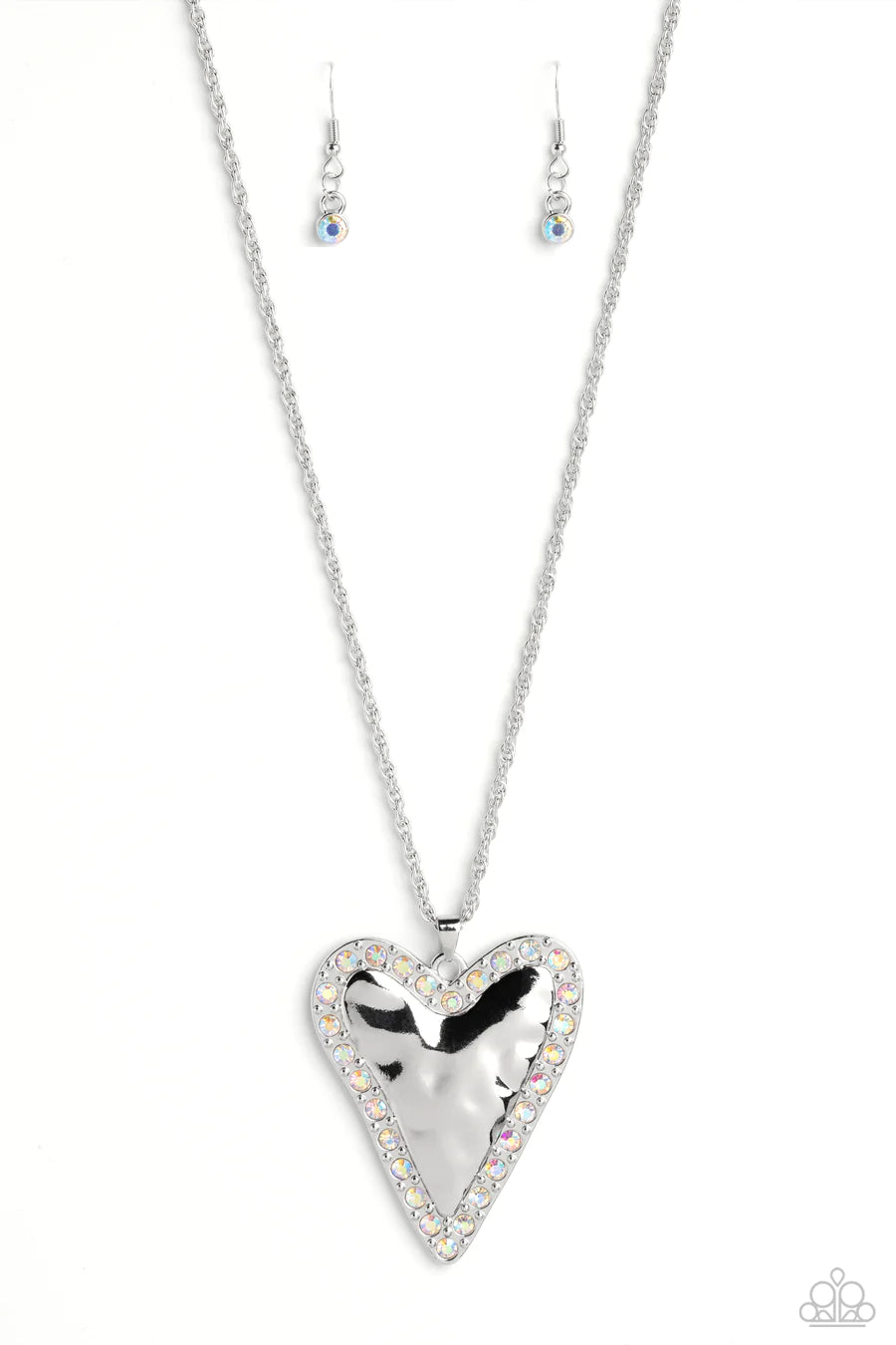 Radiant Romeo - Multi Iridescent Rhinestone Silver Heart Medium Length Necklace