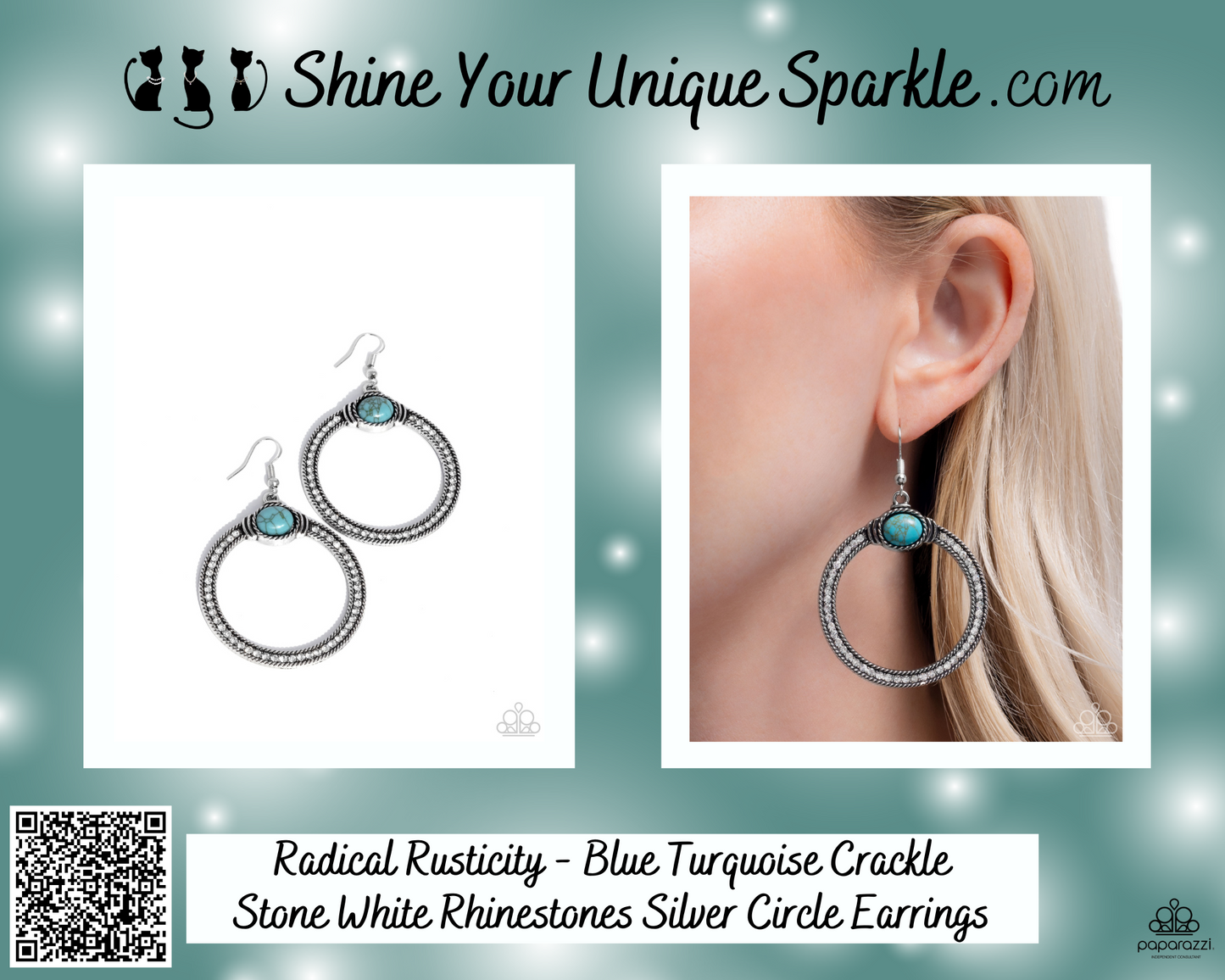 Radical Rusticity - Blue Turquoise Crackle Stone White Rhinestones Silver Circle Earrings
