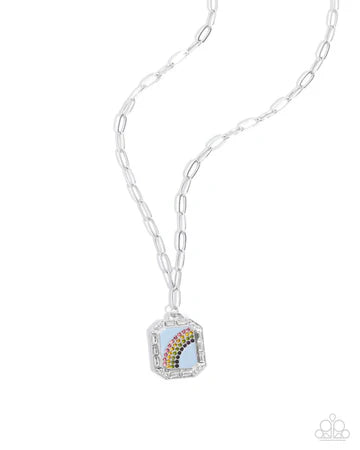Rainbow Reputation - Blue Rhinestone Rainbow Silver Short Necklace - Meet Your Match Exclusive