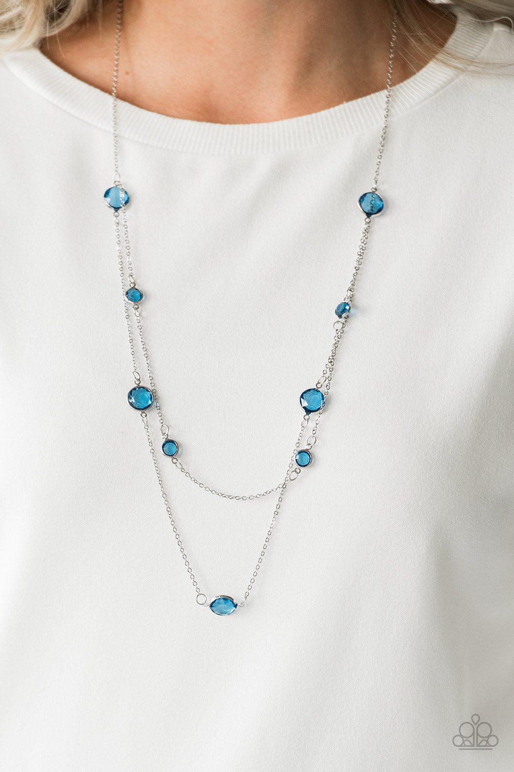 Raise Your Glass - Blue Glassy Gem Dainty Silver Tiered Medium Length Necklace