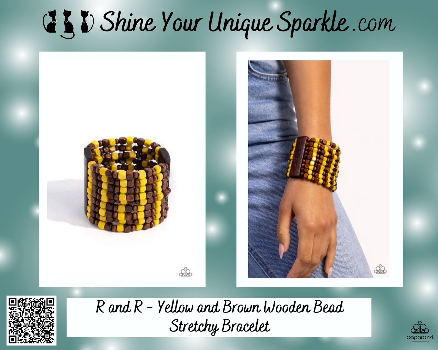 R and R - Yellow and Brown Wooden Bead Stretchy Bracelet