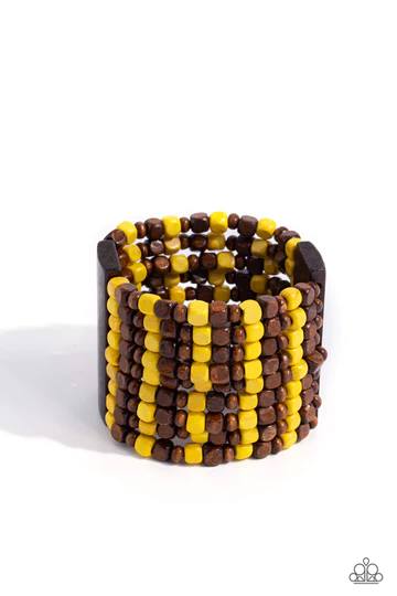 R and R - Yellow and Brown Wooden Bead Stretchy Bracelet