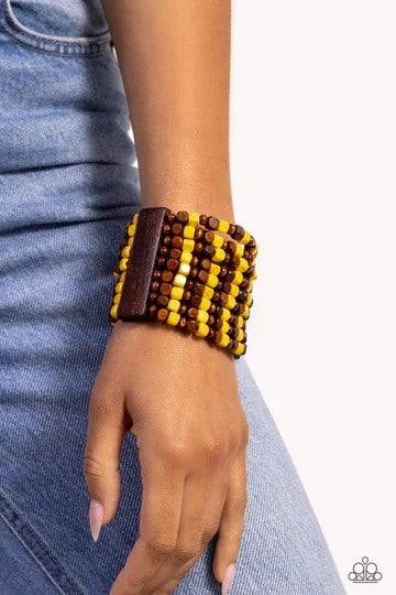 R and R - Yellow and Brown Wooden Bead Stretchy Bracelet
