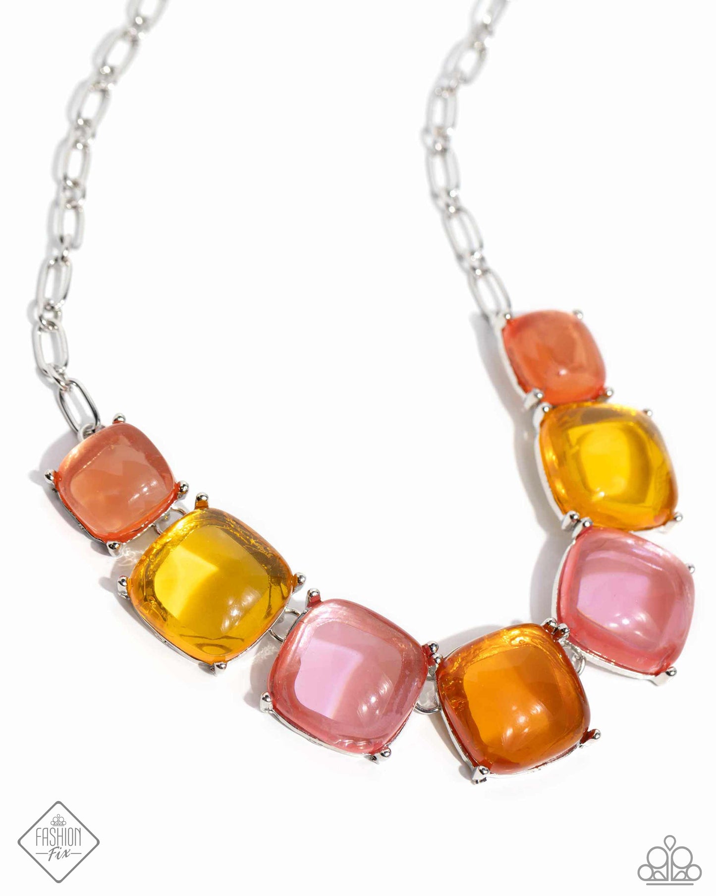 Reflective Range - Multi Orange Pink Yellow Square Silver Short Necklace - Fashion Fix