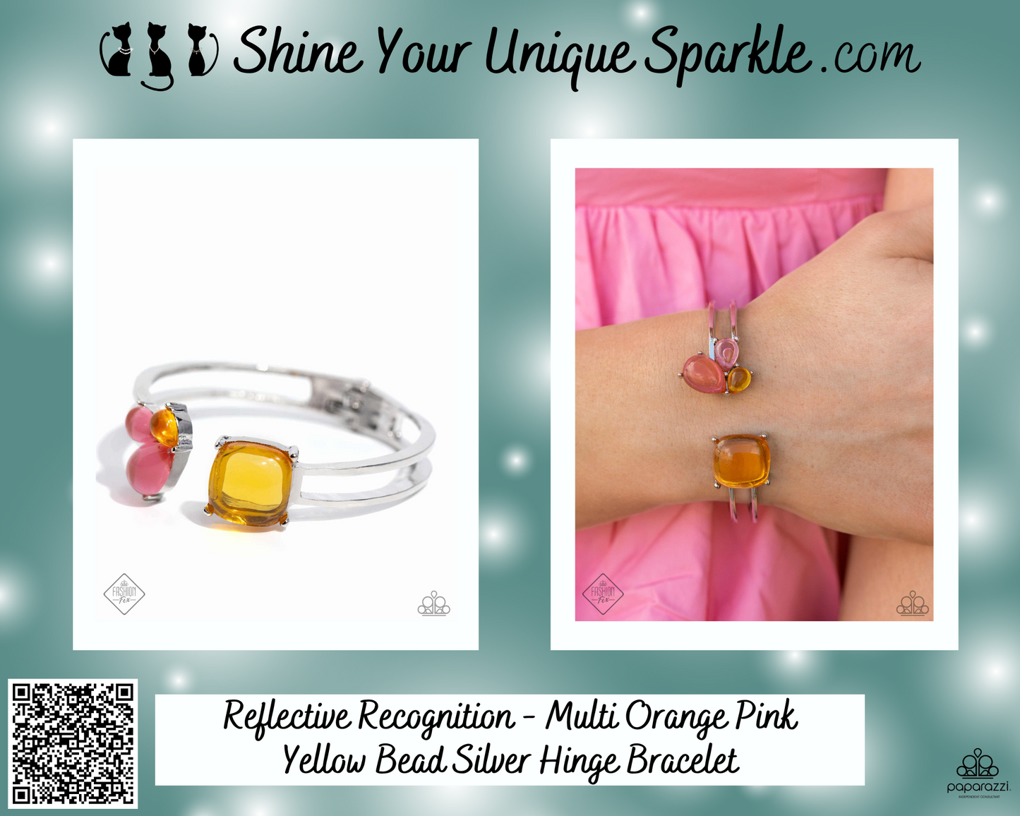 Reflective Recognition - Multi Orange Pink Yellow Bead Silver Hinge Bracelet - Fashion Fix