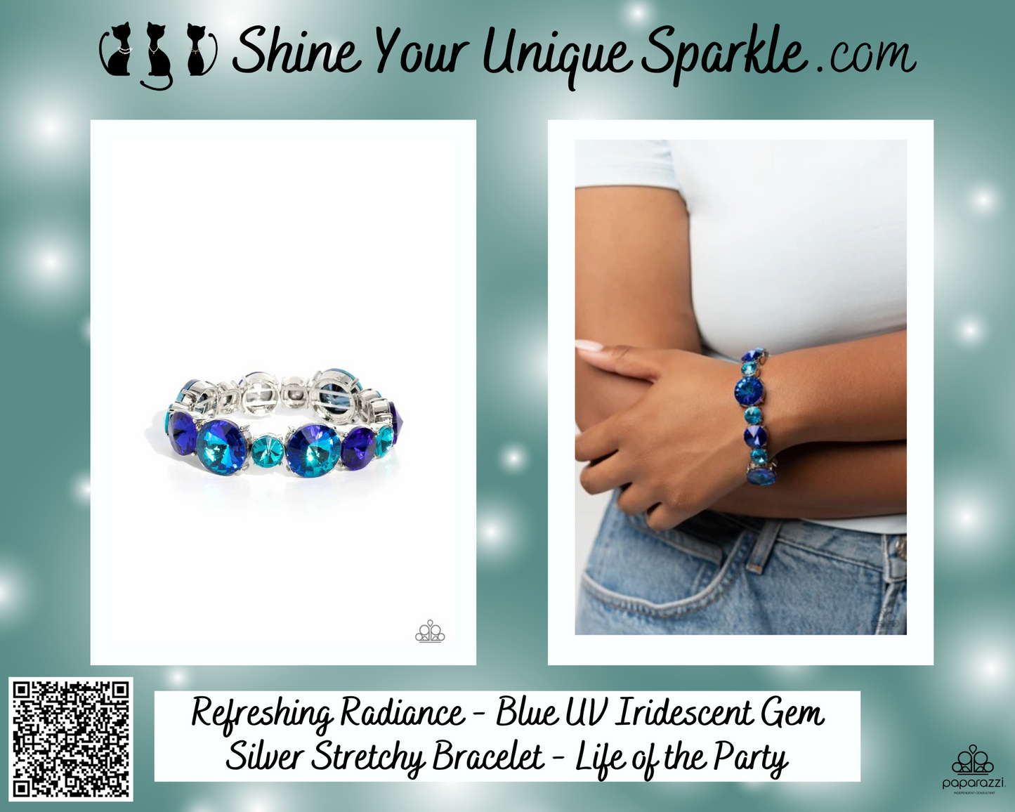 Refreshing Radiance - Blue UV Iridescent Gem Silver Stretchy Bracelet - Life of the Party