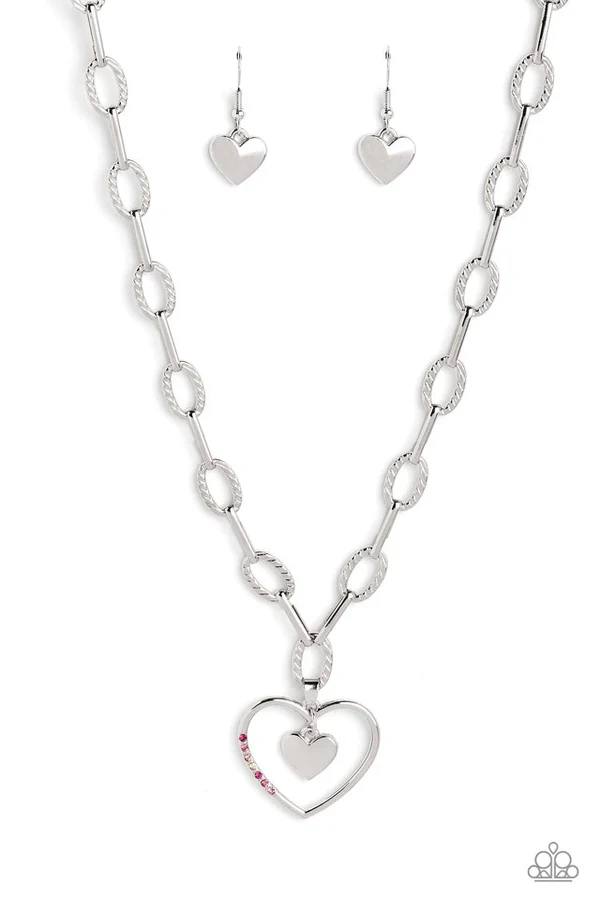 Refulgent Romance - Pink Iridescent Rhinestone Silver Heart Paper Clip Chain Necklace