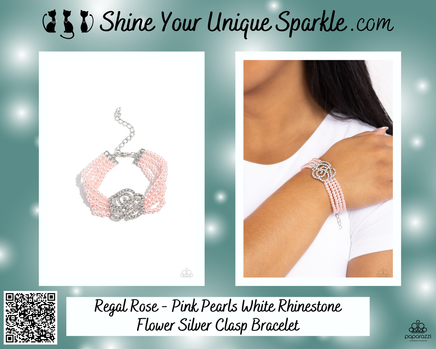 Regal Rose - Pink Pearls White Rhinestone Flower Silver Clasp Bracelet