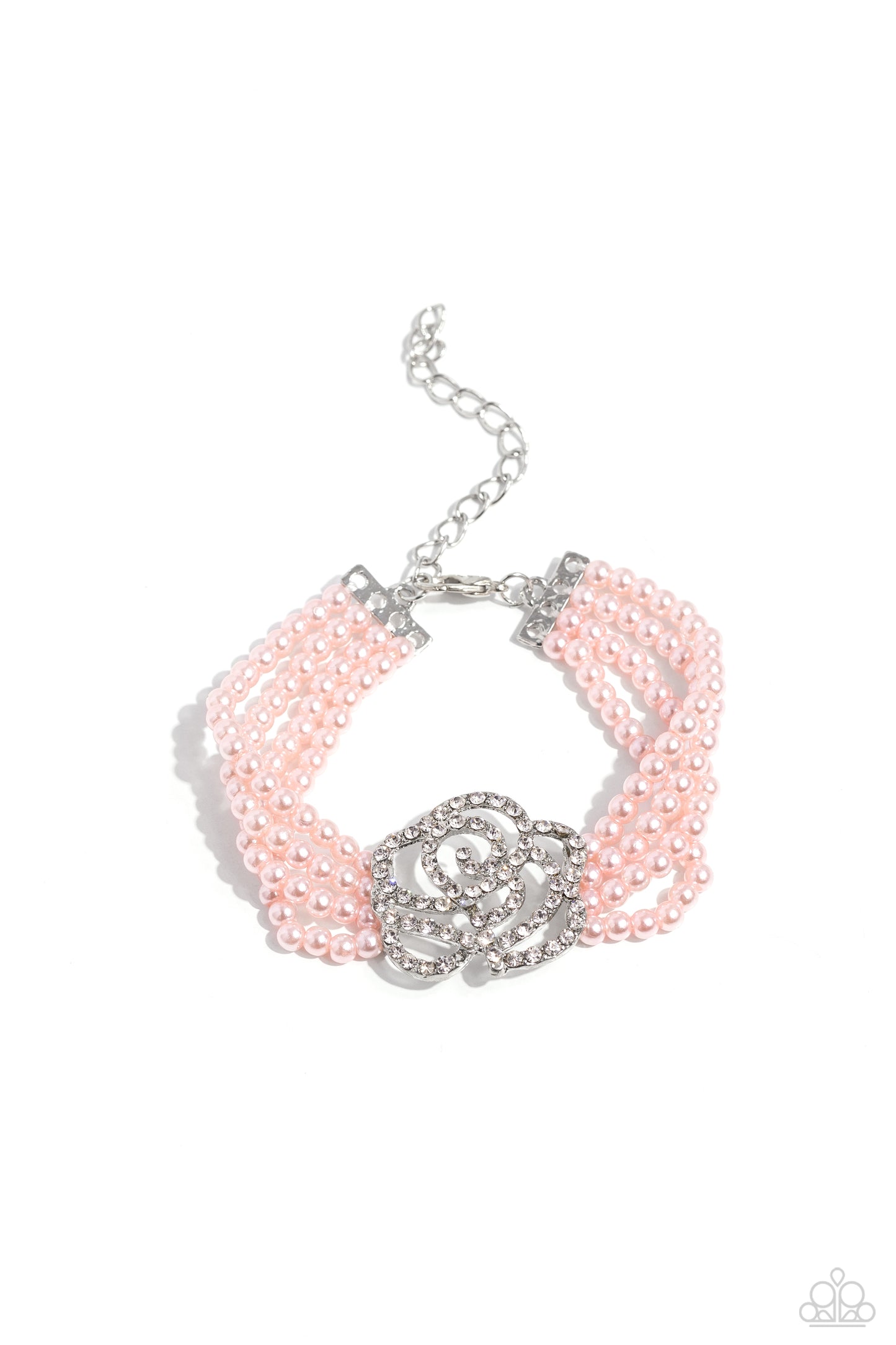 Regal Rose - Pink Pearls White Rhinestone Flower Silver Clasp Bracelet