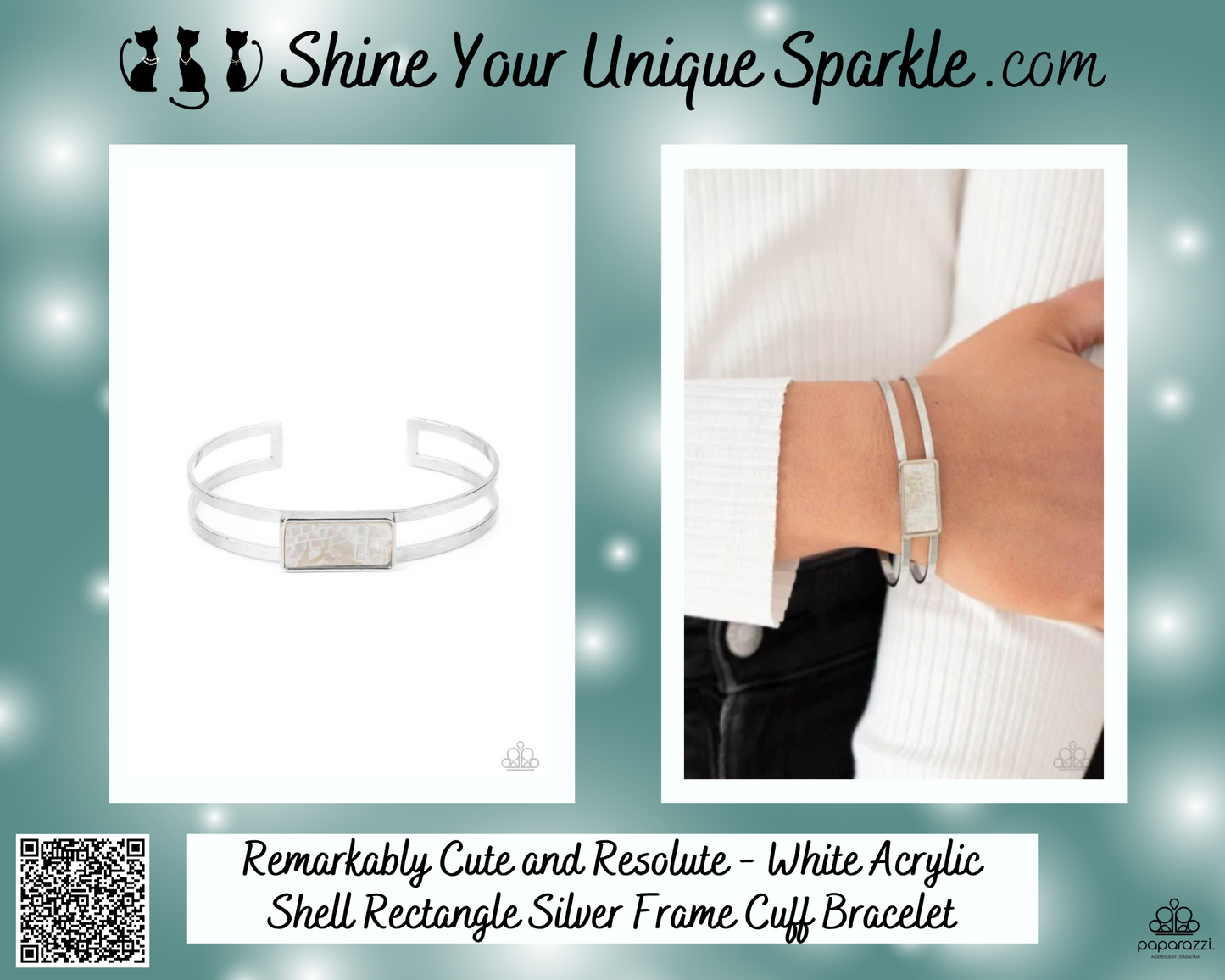 Remarkably Cute and Resolute - White Acrylic Shell Rectangle Silver Frame Cuff Bracelet