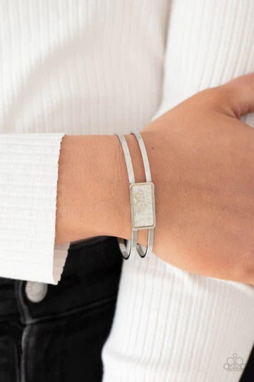 PERFECT MATCH / SET: South Beach Beauty - White Faux Shell Rhinestone Silver Medium Necklace AND Remarkably Cute and Resolute - White Acrylic Shell Rectangle Silver Frame Cuff Bracelet
