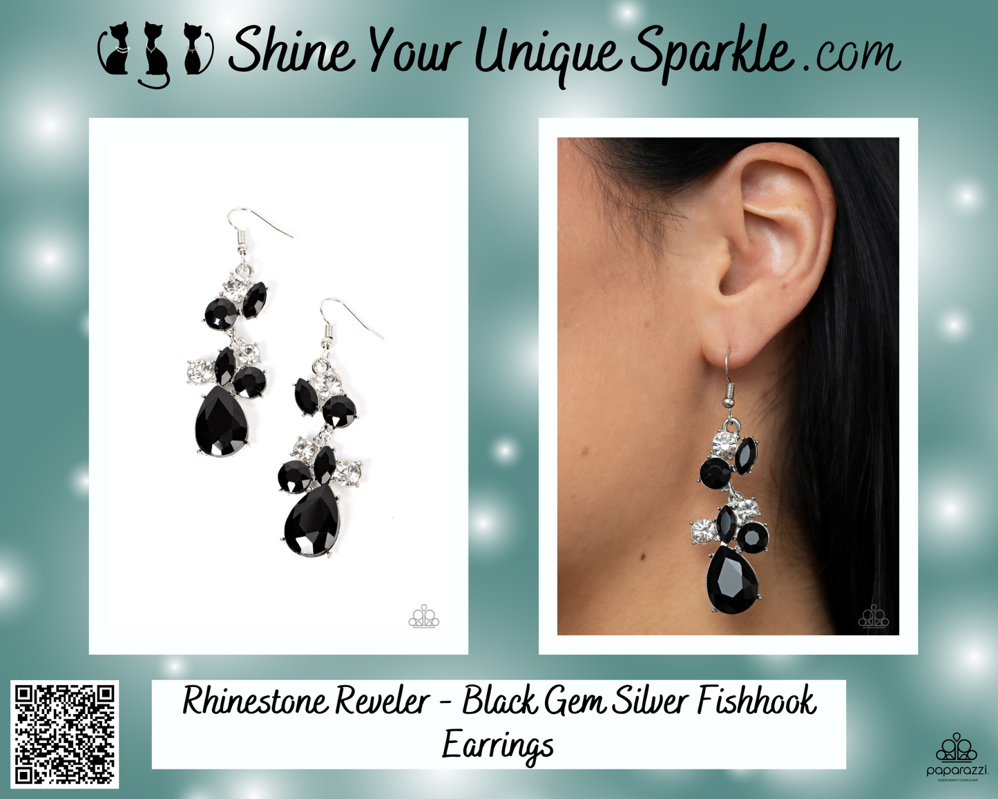 Rhinestone Reveler - Black Gem Silver Fishhook Earrings