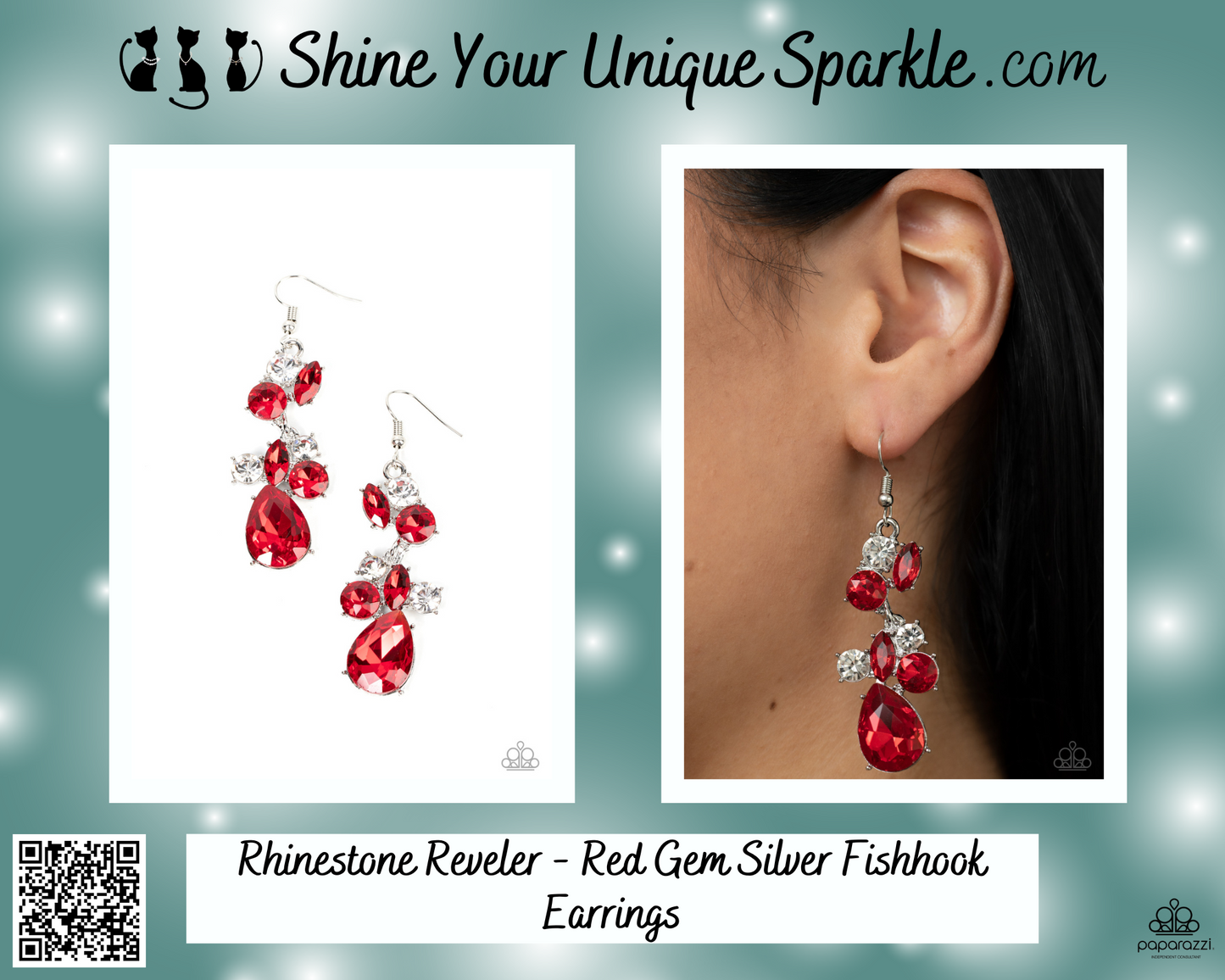 Rhinestone Reveler - Red Gem Silver Fishhook Earrings