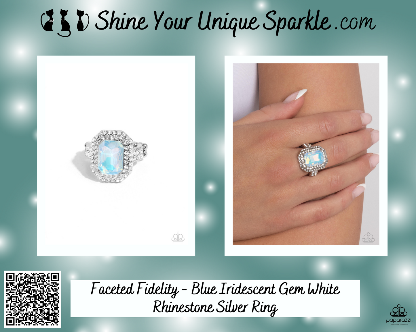Faceted Fidelity - Blue Iridescent Gem White Rhinestone Silver Ring